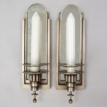 WALL LIGHTS, a pair of 1930's white metal and mirror glass.