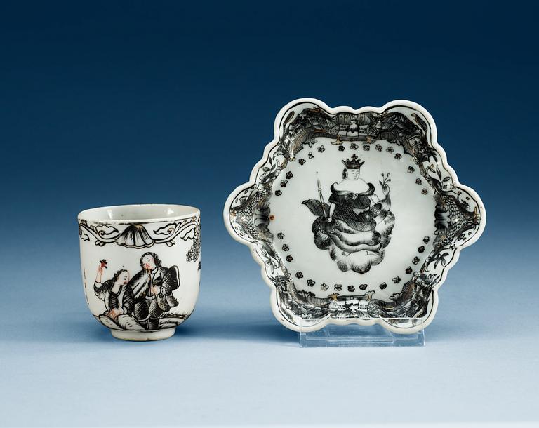 A Grisaille 'European subject' cup and dish, Qing dynasty, Qianlong (1736-95).