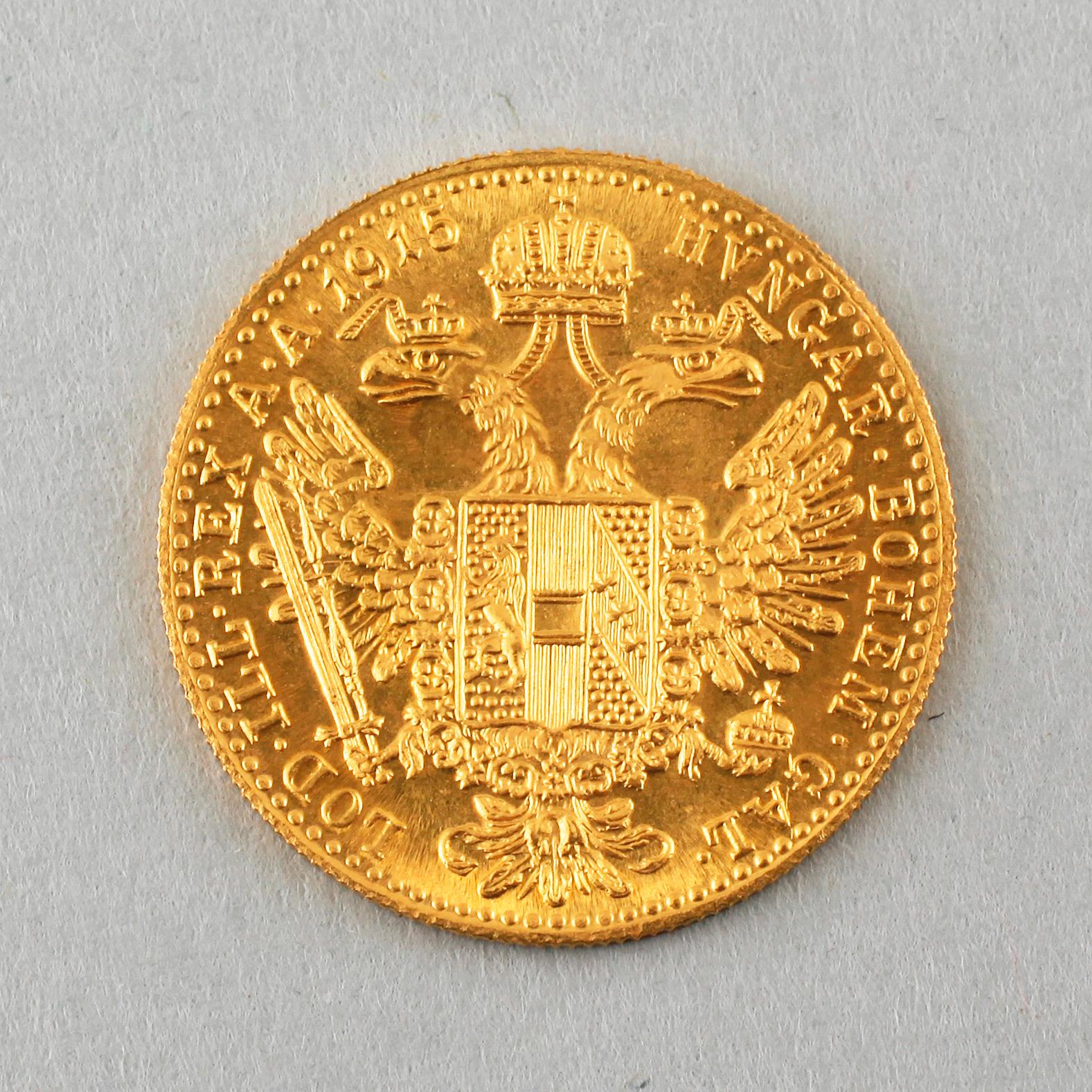 GULDMYNT, 23 karat guld, Österrike-Ungern, 1915. Vikt 3,5 gram.