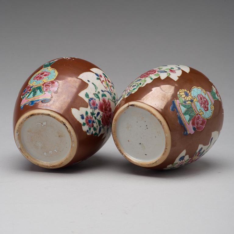 A pair of famille rose and cappuciner brown jars, Qing dynasty, Qianlong (1736-95).