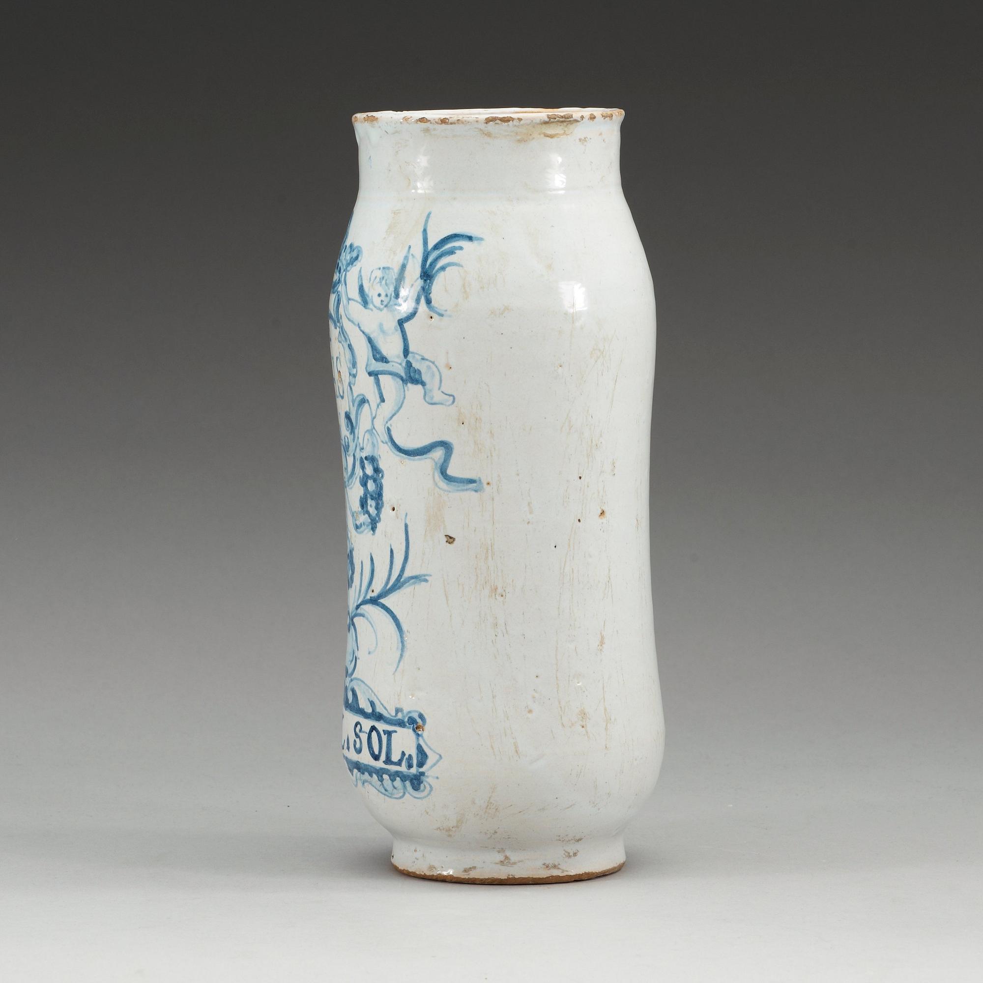 An armorial faience pharmaceutical jar, 18th Century.