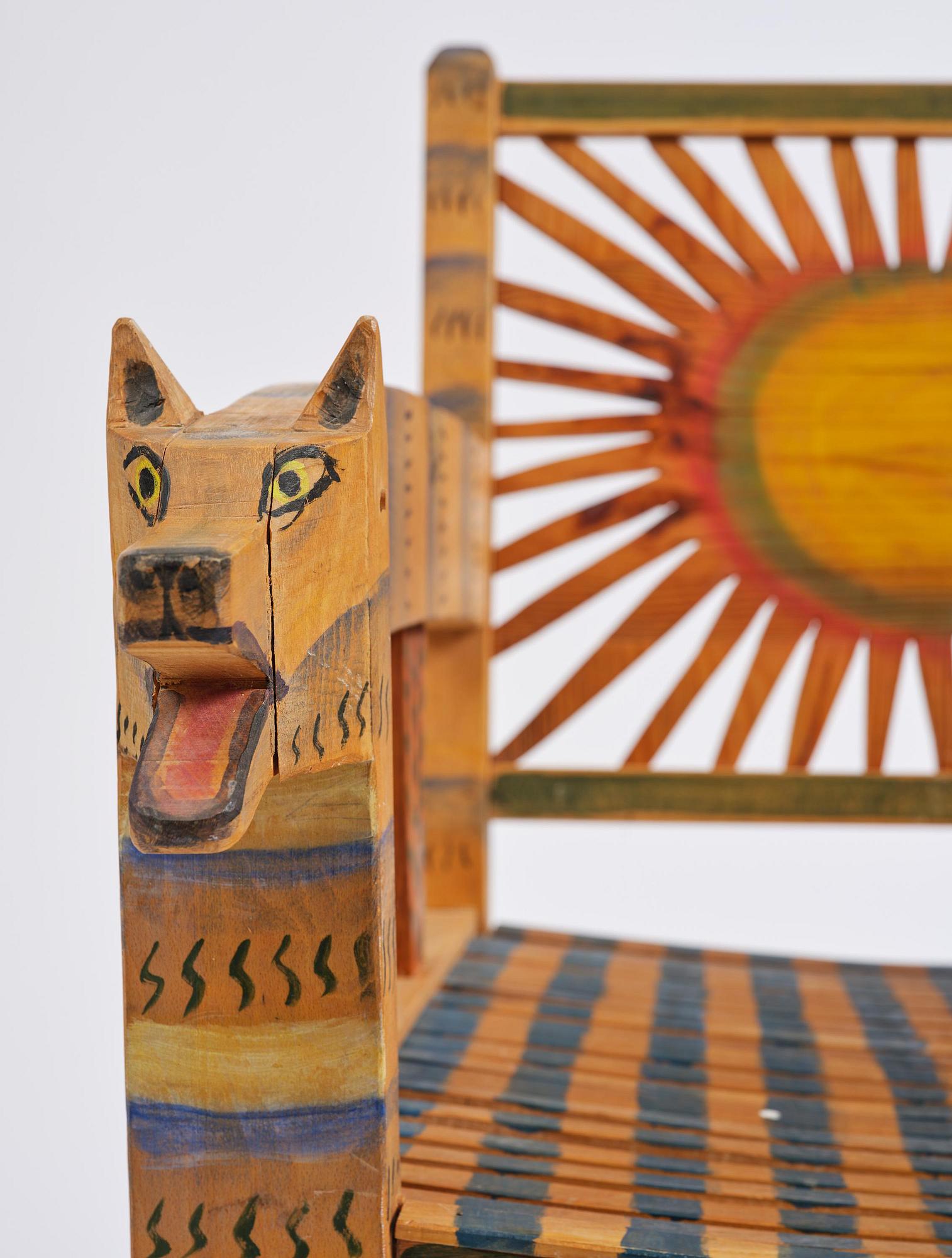 Gérard Rigot, a sculpted and painted oak chair, exectued in his studio, France, second half of the 20th century.