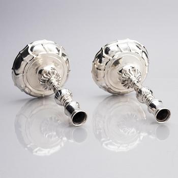 A pair of German 18th cenury silver candlesticks, marks of Johann Georg Rahm, Rostock circa 1770.