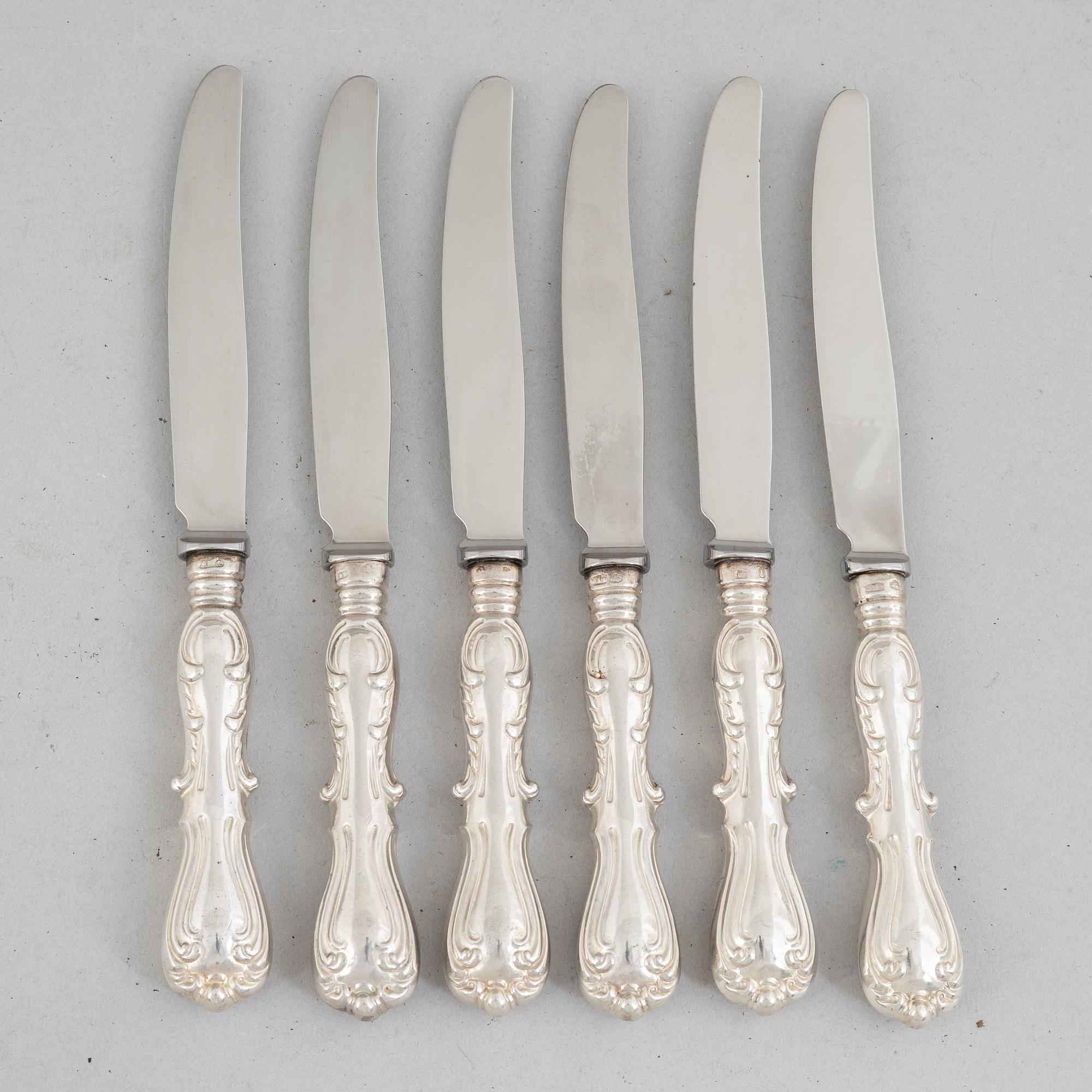 Gustaf Möllenborg-Féron, six silver table knives, model 'Prins Albert', Stockholm 1864-1880.