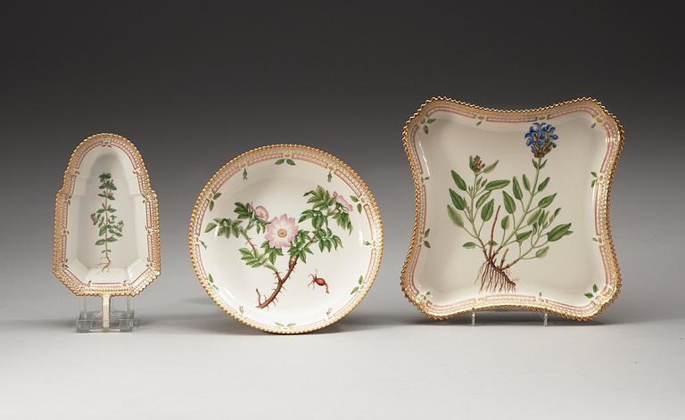 Royal Copenhagen, A set of Royal Copenhagen "Flora Danica" dishes, tazza, cake dish and jelly dish, 20-th century.