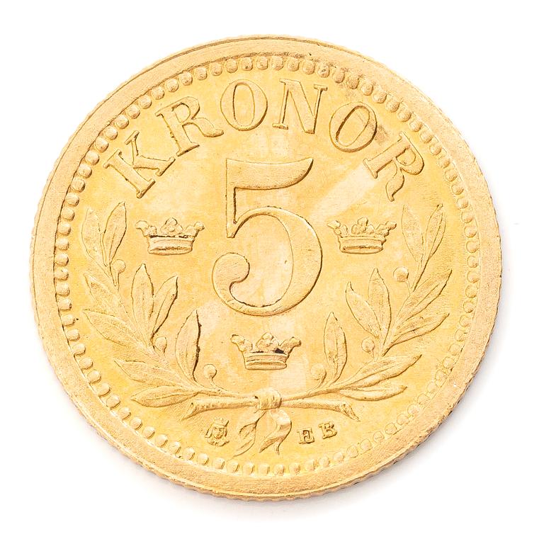 Guldmynt, Sverige, Oscar II,5 kronor, 1899.