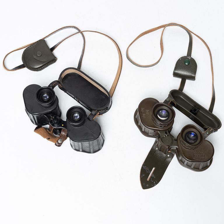 Two pairs of binoculars, Swedish Armed Forces, one marked Carl Zeiss Jena. Both with crown markings.