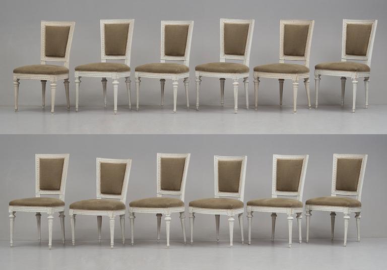 Stolar 12 stycken, av bl,a J Ruste, E Ståhl, J Lindgren, Stockholmsarbeten 1700-talets senare del, Sengustavianska.