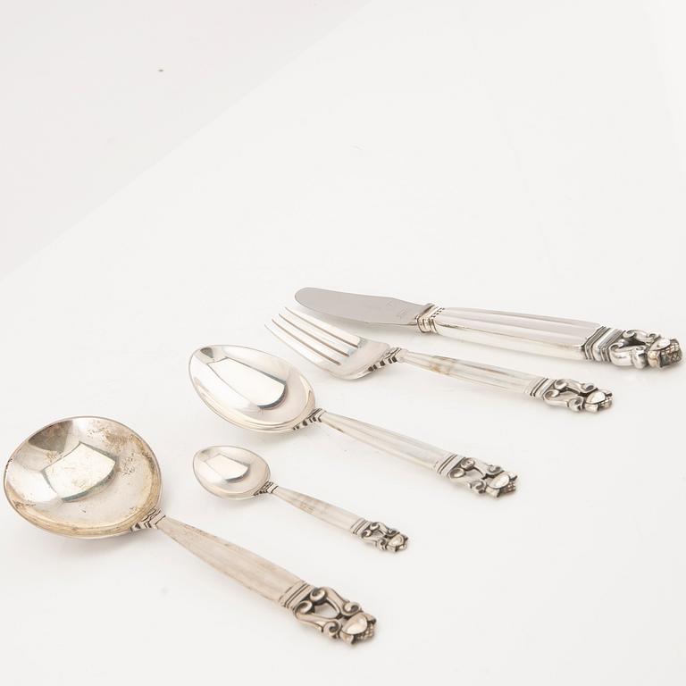 Johan Rodhe for Georg Jensen cutlery "Konge/Acorn" 49 pieces sterling silver, total weight 2200 grams.