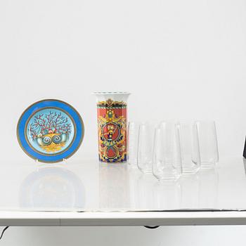 Versace, vase, plate and six drinking glasses, Rosenthal.