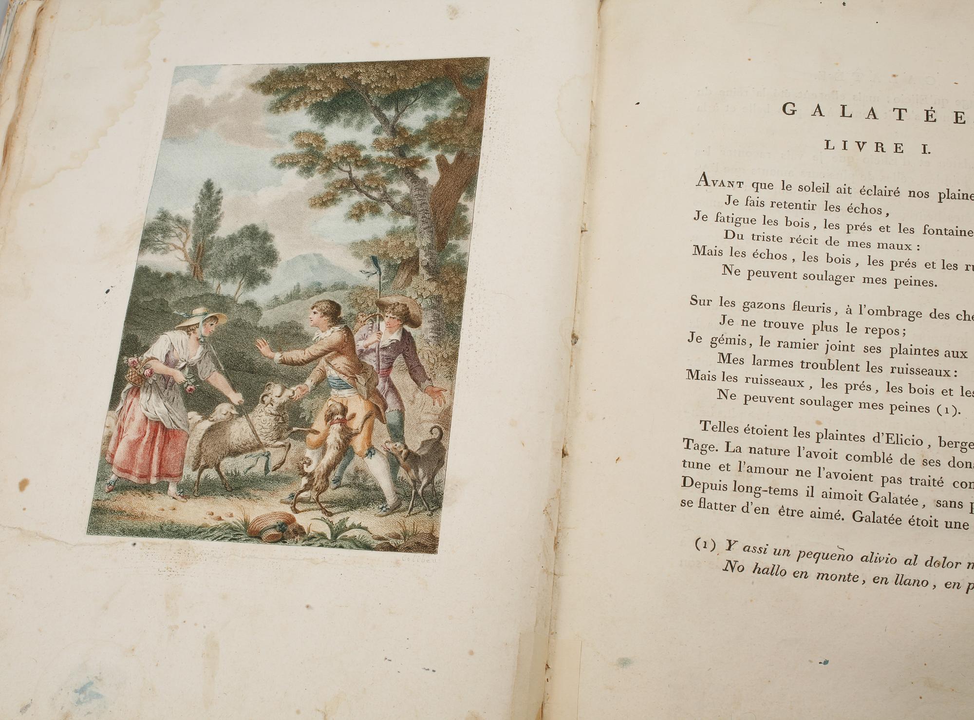 BOK, "Galatée, roman pastoral; imité de Cervantes", M de Florian, med 4 färggravyrer av M. Monsiau, Paris 1793.