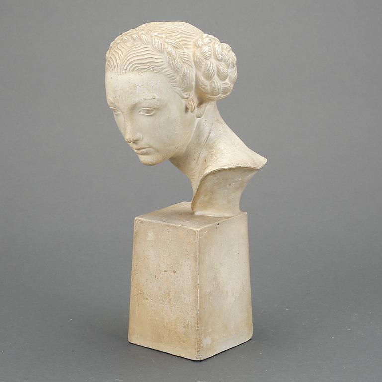 TORE STRINDBERG, patinerad gips. "Krokus", flickhuvud. Signerad.