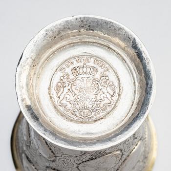 A Polish 18th century parcel-gilt silver coin beaker, mark of Benjamin Berent, Danzig (active 1713-1756).