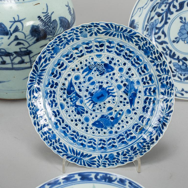 A group of eight blue and white objects, Qing dynasty, 18th-20th century, one presumably Japan.