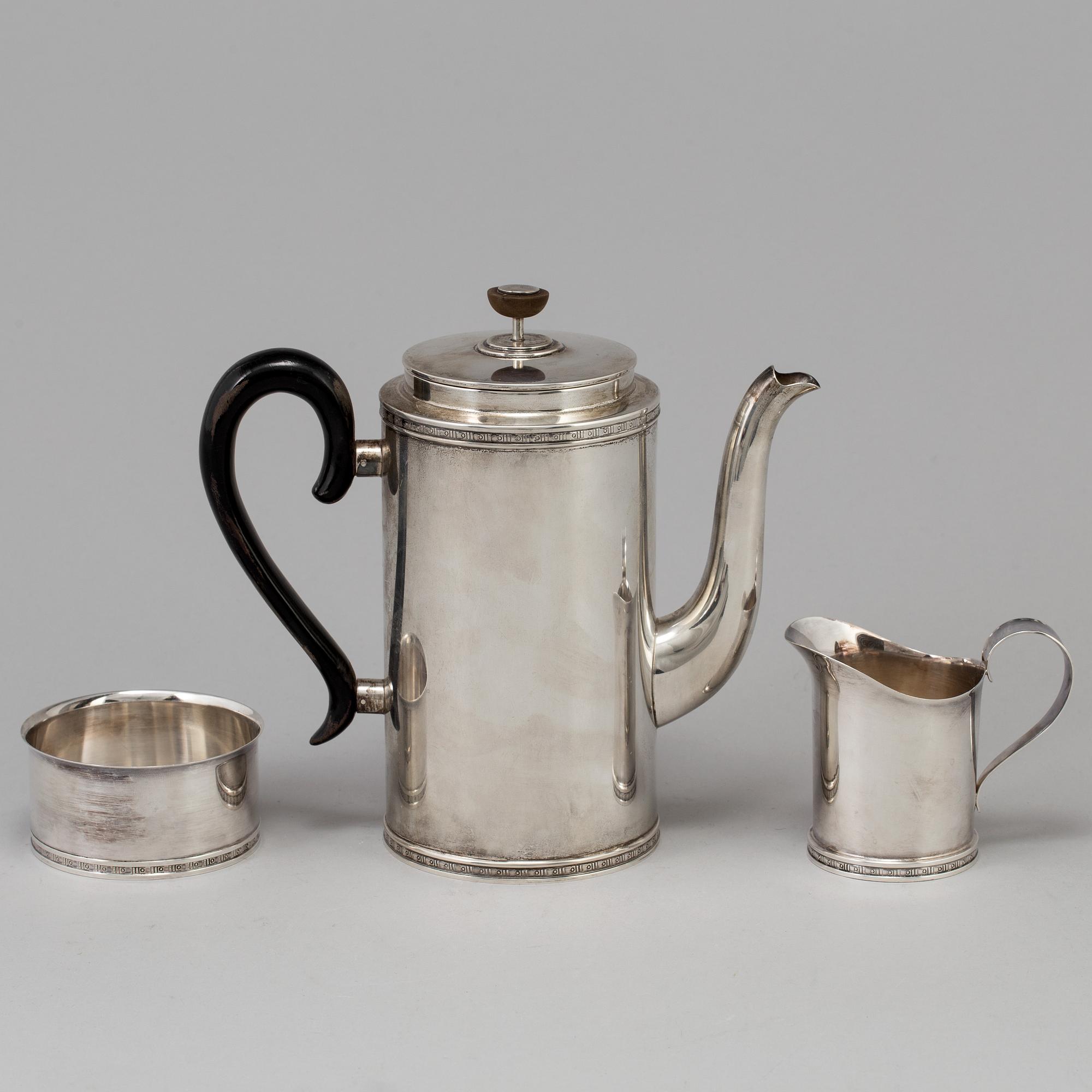 A VERA FERNGREN set of 3 pieces of silver coffee service by CG Hallberag and GAB, Stockholm 1958 and 1963.
