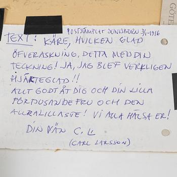 Carl Larsson, Autographed postcard from Carl Larsson to John Bauer, dated Sundborn 1916.