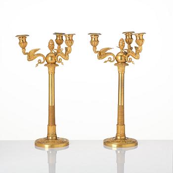 A pair of three-branch Empire-style ormolu candelabra, 19th century.