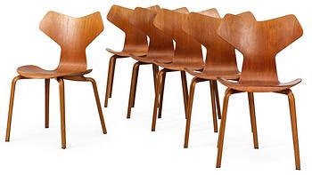 A set of six Arne Jacobsen teak 'Grand Prix' chairs by Fritz Hansen, Denmark.