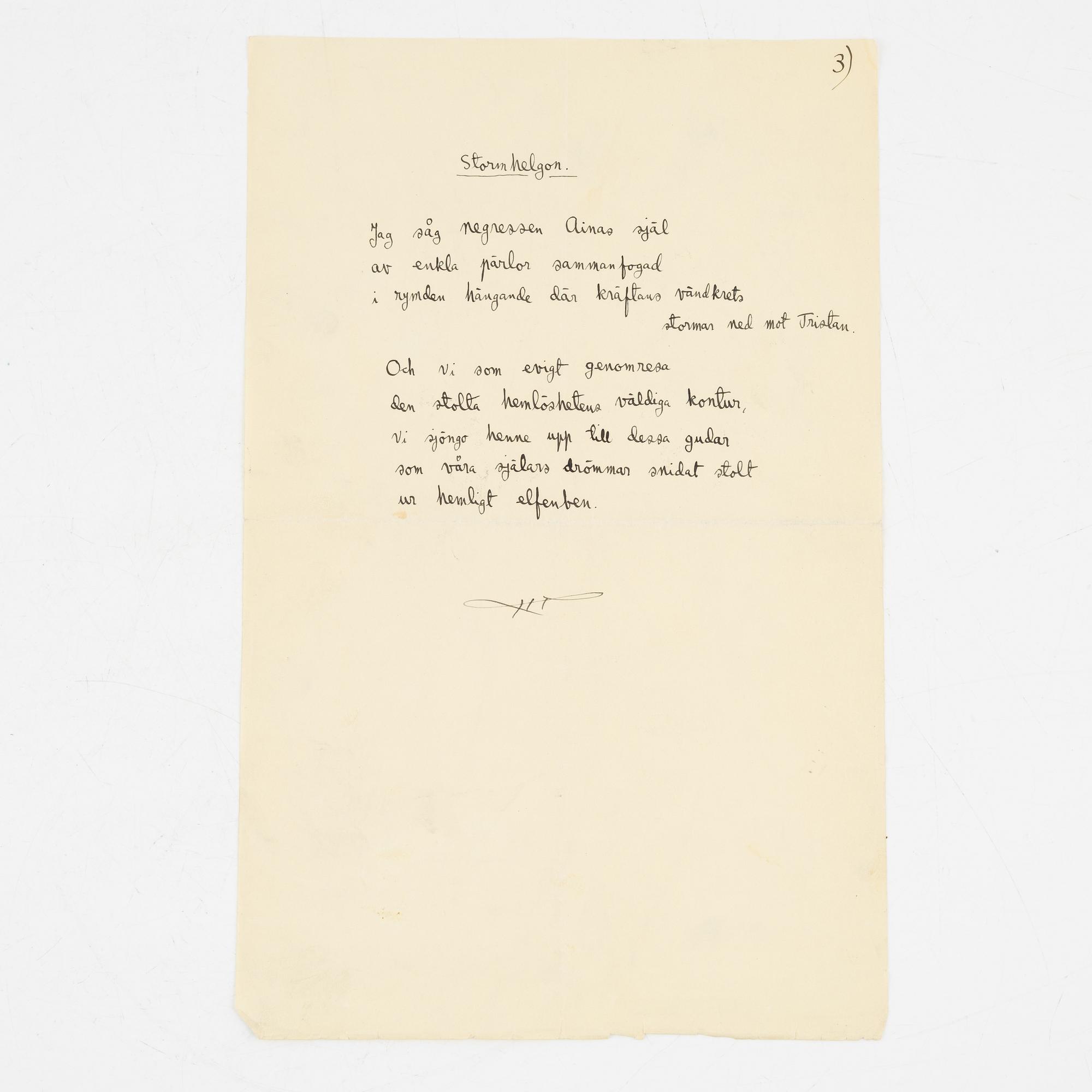 Tre diktmanuskript av Harry Martinson.