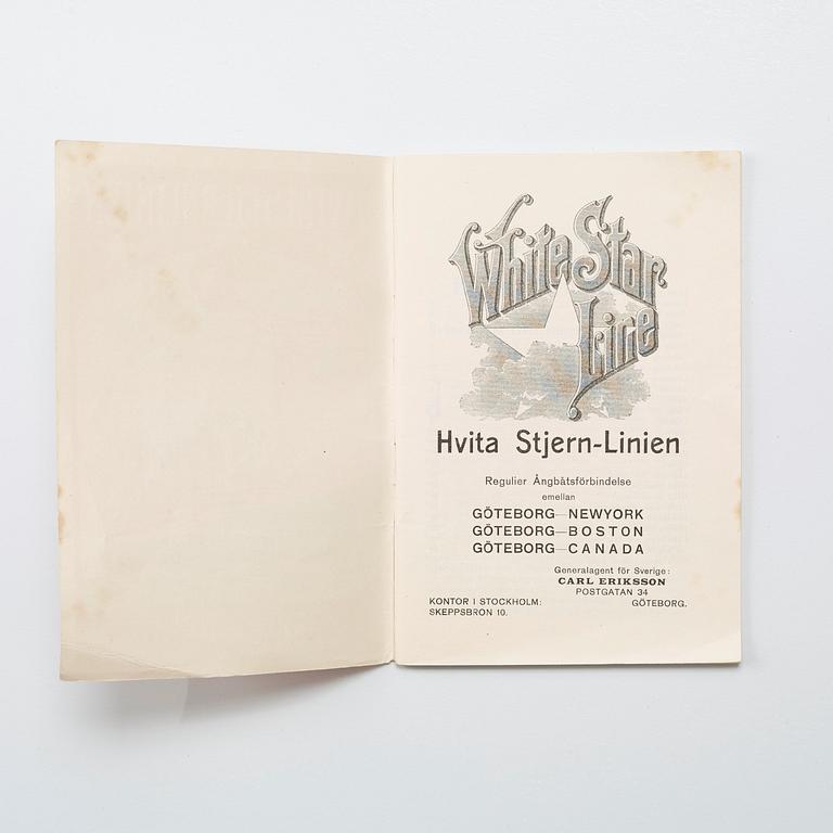 BROCHURE. "HVITA STJERN LINIEN", GENERAL AGENT CARL ERIKSSON, POSTGATAN 34, GOTHENBURG.