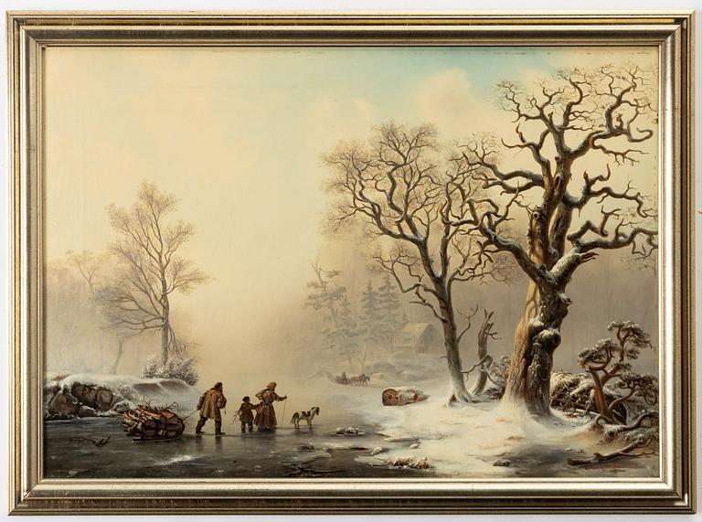 Ehrnfried Wahlqvist, Winter landscape with figures on ice.