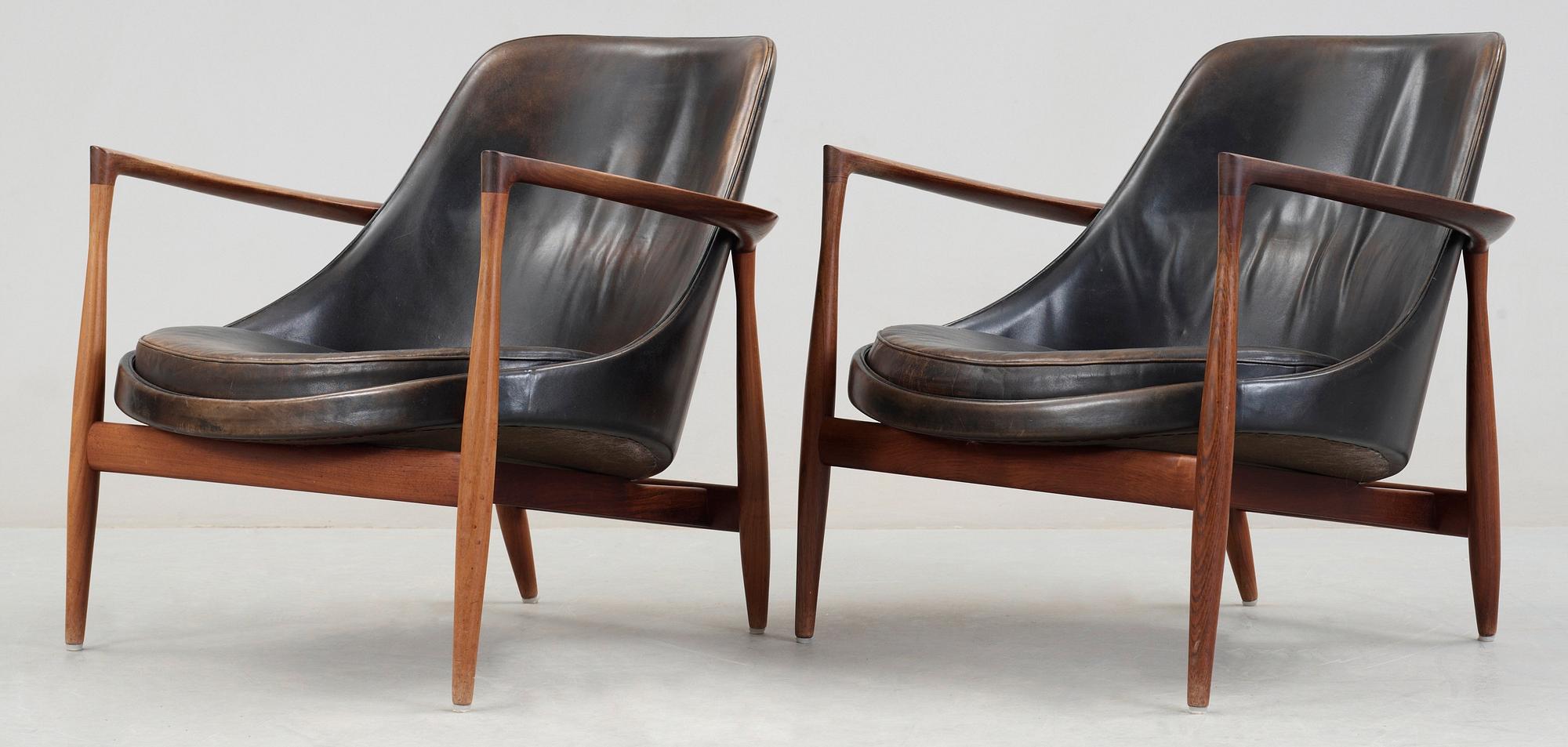 A pair of Ib Kofod Larsen palisander and black leather 'Elisabeth' easy chairs, Christensen & Larsen, Denmark 1950-60's.