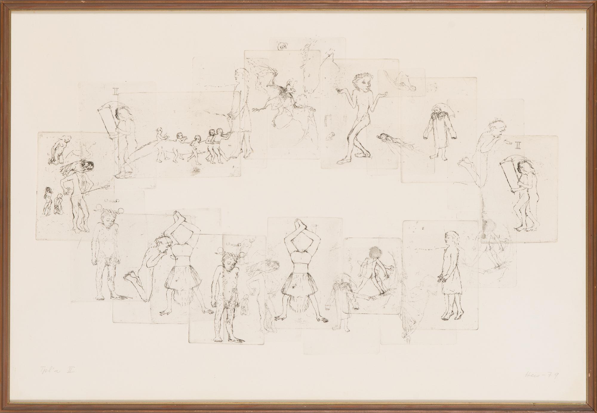 Outi Heiskanen, kompiisi / etsauksia, signeerattu ja päivätty -79, numeroitu Tpl'a II.