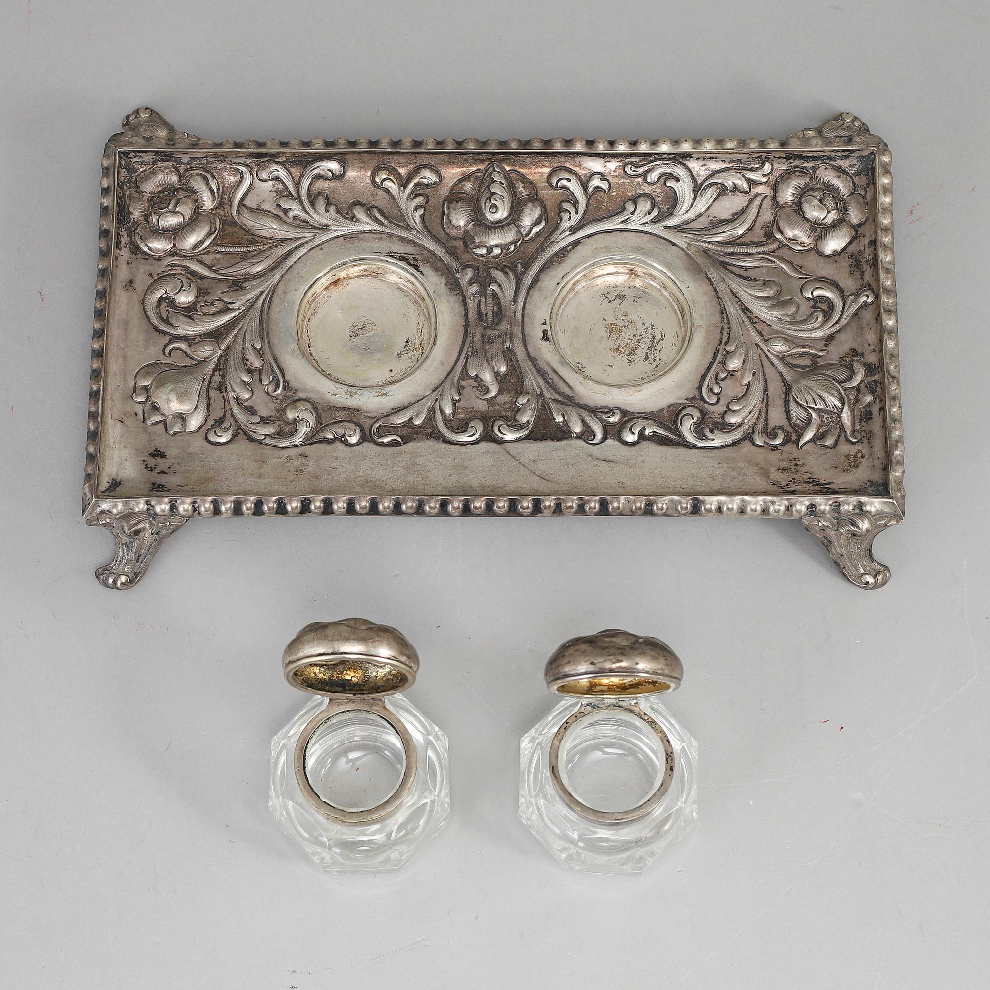 A silver and glass inkwell, Henrik Möller, Trondheim, Norway.