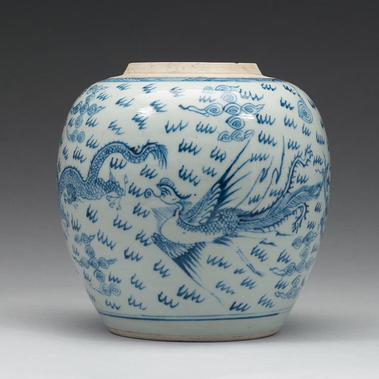 A blue and white phoenix and dragon jar, Qing dynasty, 18th Century.