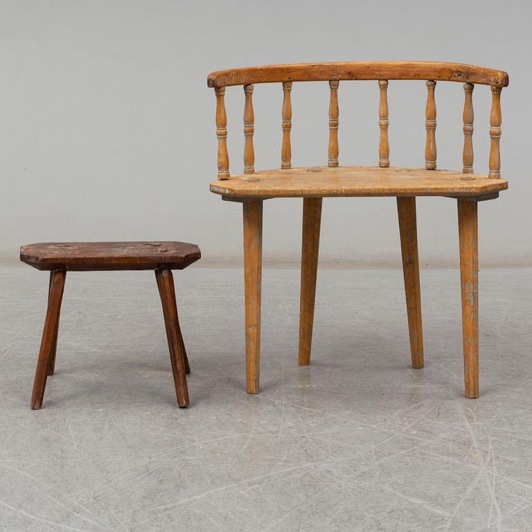 a swedish wooden chair with a stool from the 19th century.