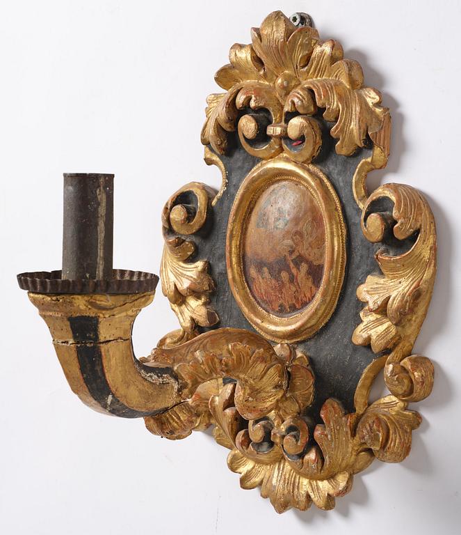 Wall sconces, a pair for one candle, Italy, 19th century, Baroque style.