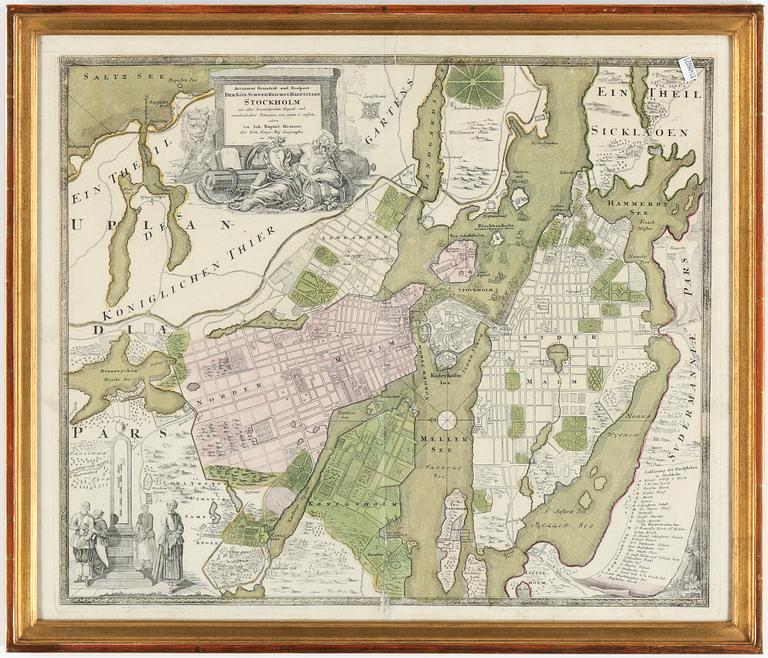 KARTA, "Accurater Grundriss und Prospect der. Kön. Schwed. Reichs. u. Hauptstadt Stockholm...", Homann, 1700-tal.
