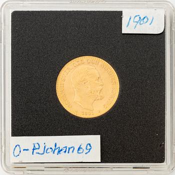 Guldmynt, Oscar II, 10 kronor, typ III, Sverige 1901.