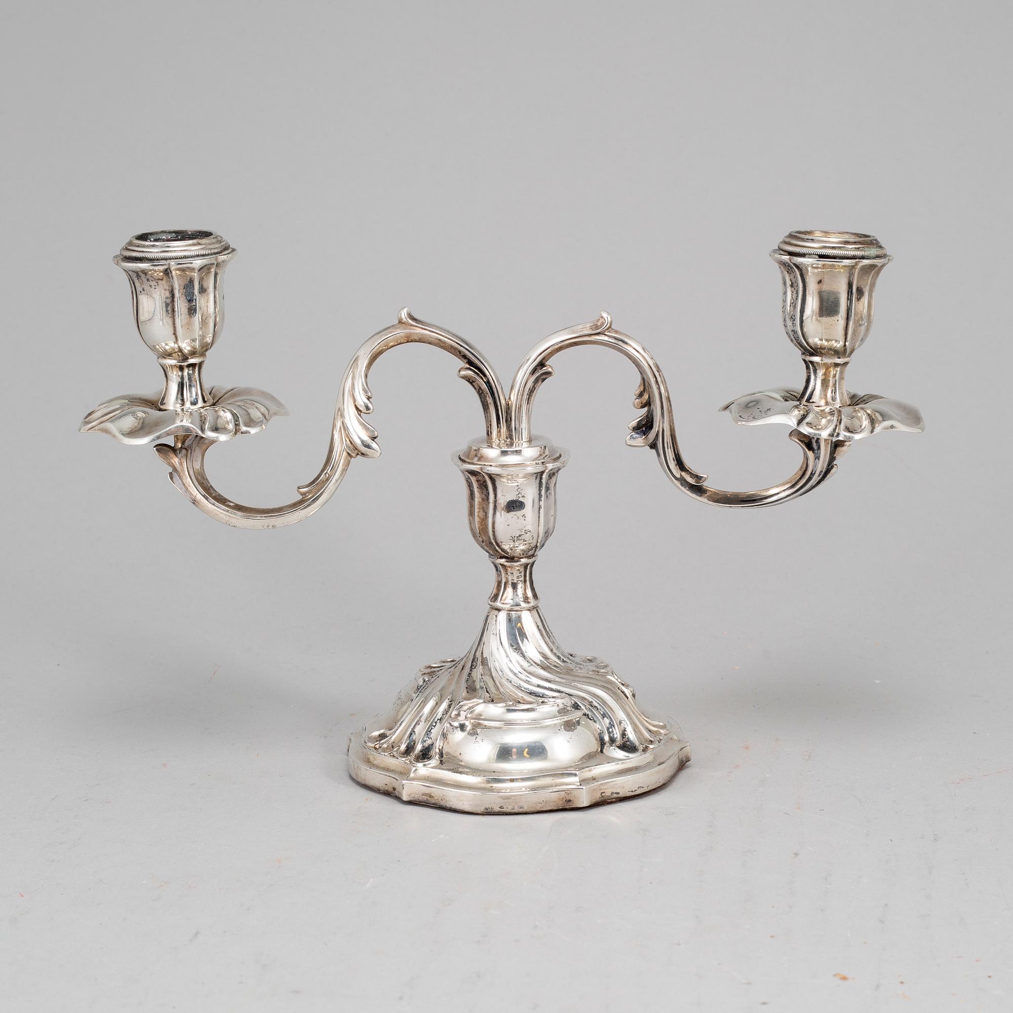 A rococo style silver candelabra, marked CG Hallberg, Stockholm 1928.
