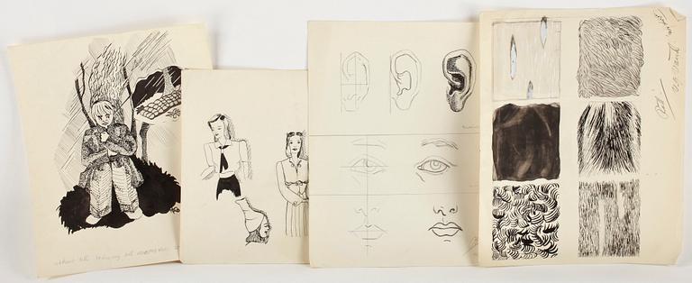 MAX GOLDSTEIN (MAGO), ca 50 st, dräktskisser, pastell, tusch och akvarellteckningar, bl a 1940-tal, delvis sign o dat.