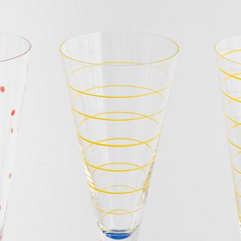 Anne Nilsson, four 'Clown' champagne glasses, Orrefors, Sweden.