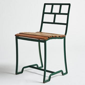 Carl Hörvik, a set of four iron framed garden chairs, ca 1927-1929, probably by Grythyttan Sweden for Lindgården, Stockholm.