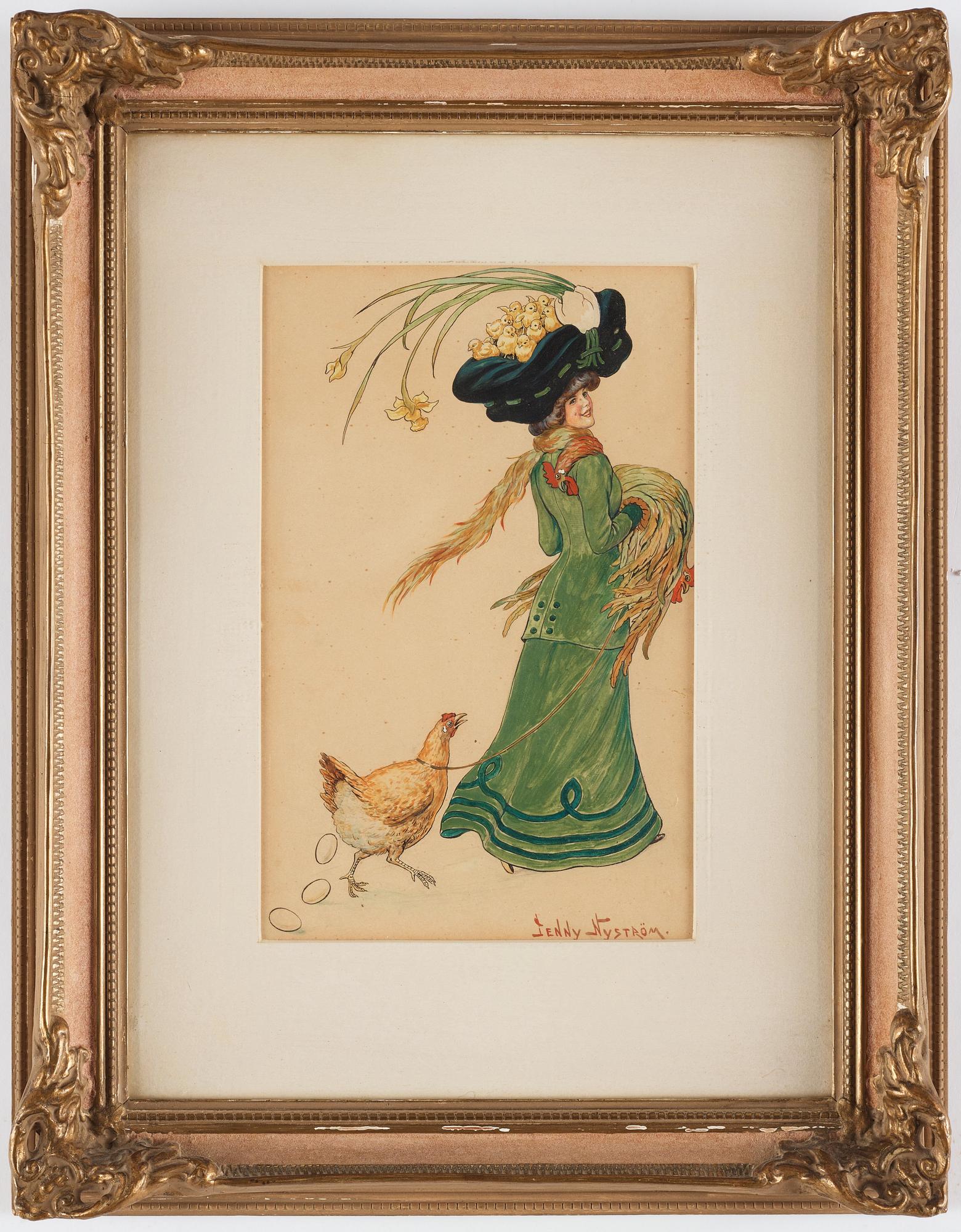 Jenny Nyström, Easter scene with elegant lady in green dress.