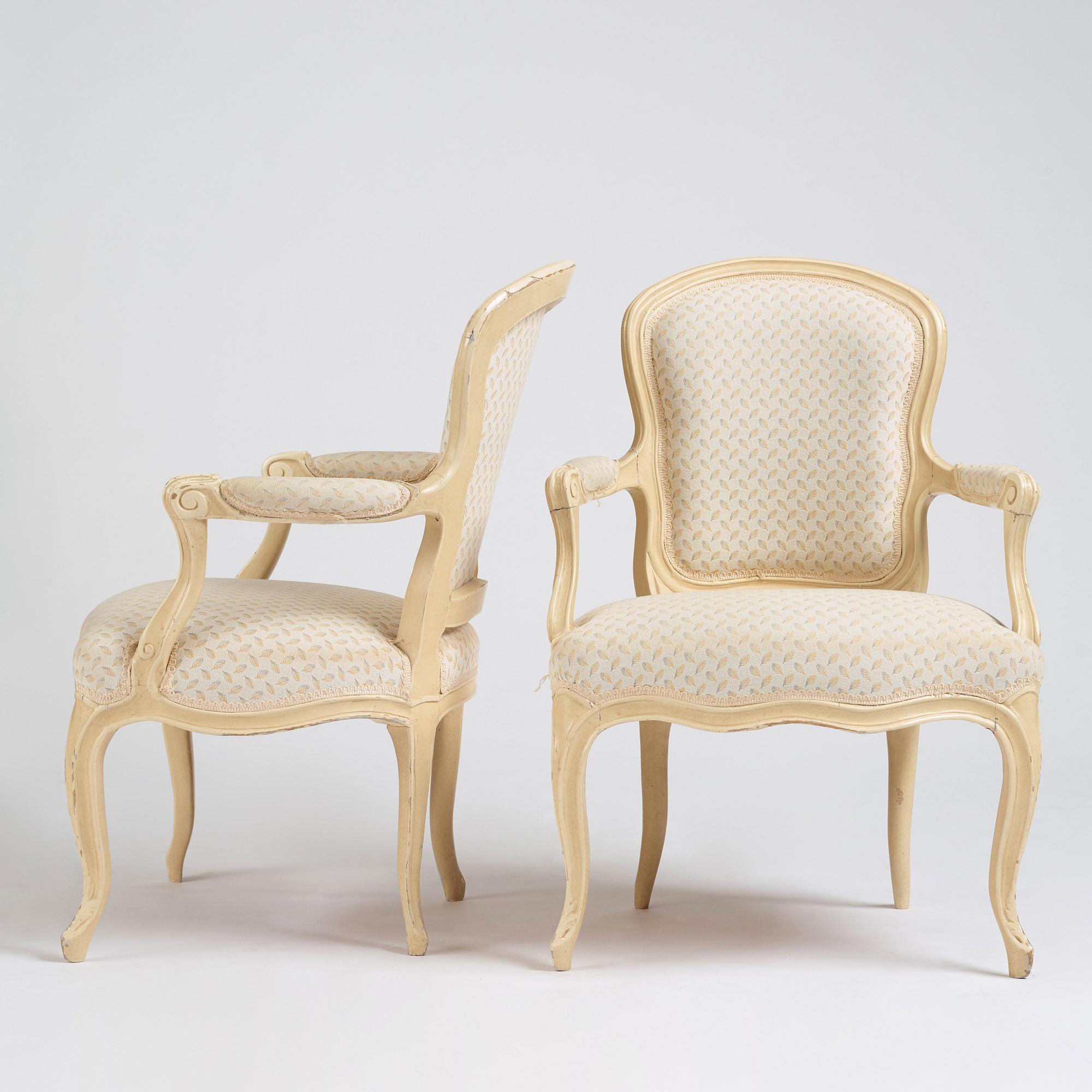 A pair of Swedish Rococo armchairs, second part of the 18th century.