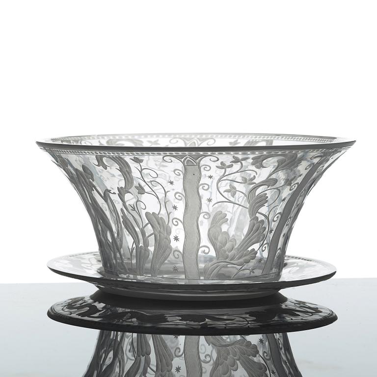 Simon Gate, an engraved glass bowl and stand, Orrefors, Sweden  1924, model 147.