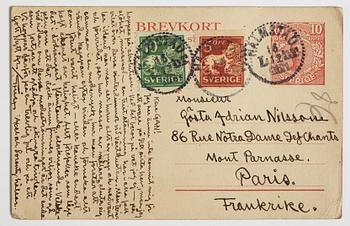 ERIK OLSON, illustrated postcard/Christmas card addressed to GAN (Gösta Adrian-Nilsson) in Paris, postmarked 16/12 1921.
