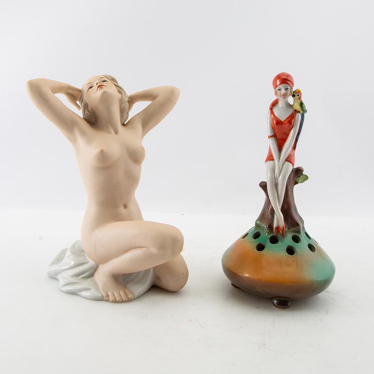 Figurines 4 pcs including Royal Dux and Wallendorf Germany mid-20th century porcelain.