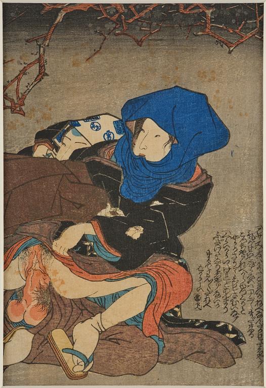 Oidentifierade konstnärer, färgträsnitt, shunga, albumblad, tre diptyker, Japan, 1800-tal.