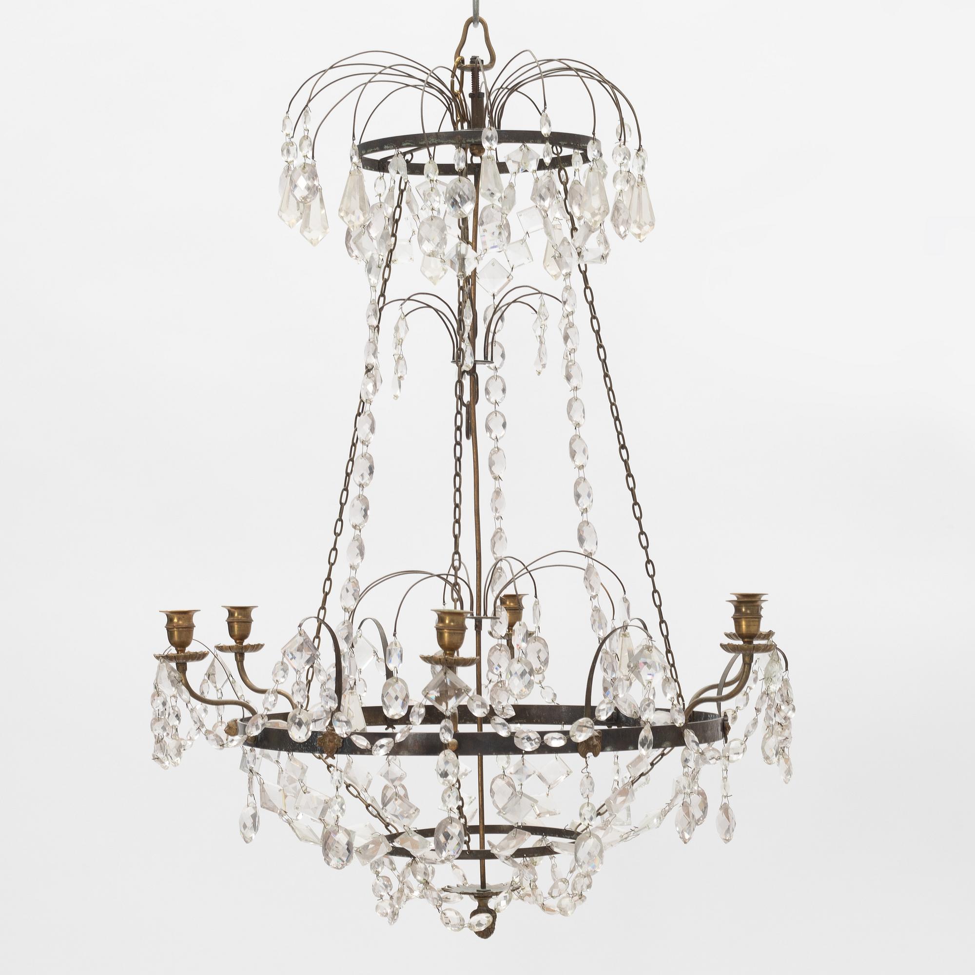 A Gustavian style chandelier, around the year 1900 incorporating older elements.
