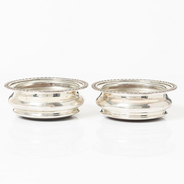 Coasters, a pair, silver, Birmingham, England, and shakers, a pair, silver, Norway.