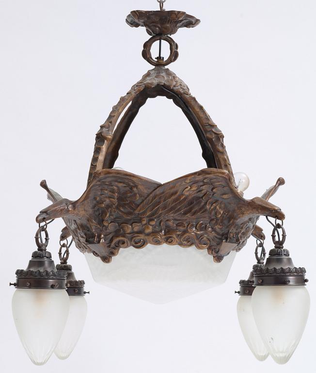 TAKLAMPA, jugend, Alice Nordin, tillskriven, för Böhlmarks Lampfabrik, 1910/20-tal. Totalhöjd: 85 cm.