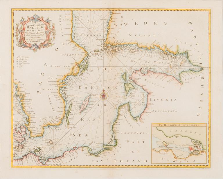 SJÖKORT, handkolorerat kopparstick, Nicholas Tindal (1687-1774) & Paul de Rapin (1661-1725), London cirka 1760.
