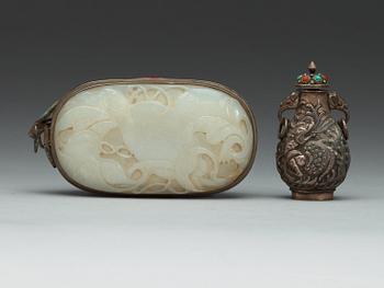 A Mongolian snuff bottle with cover and a case with cover of stones and nephrite, presumably late Qing dynasty.