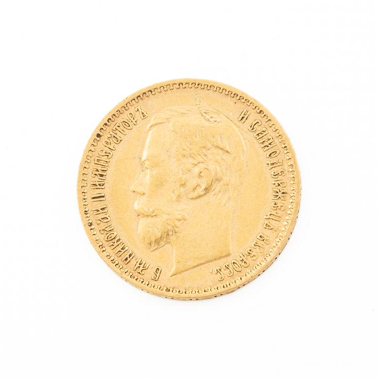 Gold coin, Nicholas II, Russia, 5 Rubles, 1900.