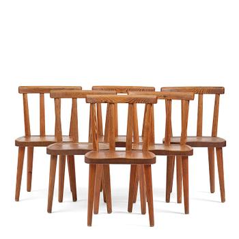 401. Axel Einar Hjorth, a set of six stained pine "Utö" chairs, Nordiska Kompaniet, Sweden, 1930s.